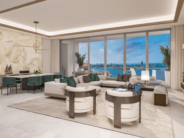 interior rendering of the great room at residence c The Ritz-Carlton Residences Sarasota Bay