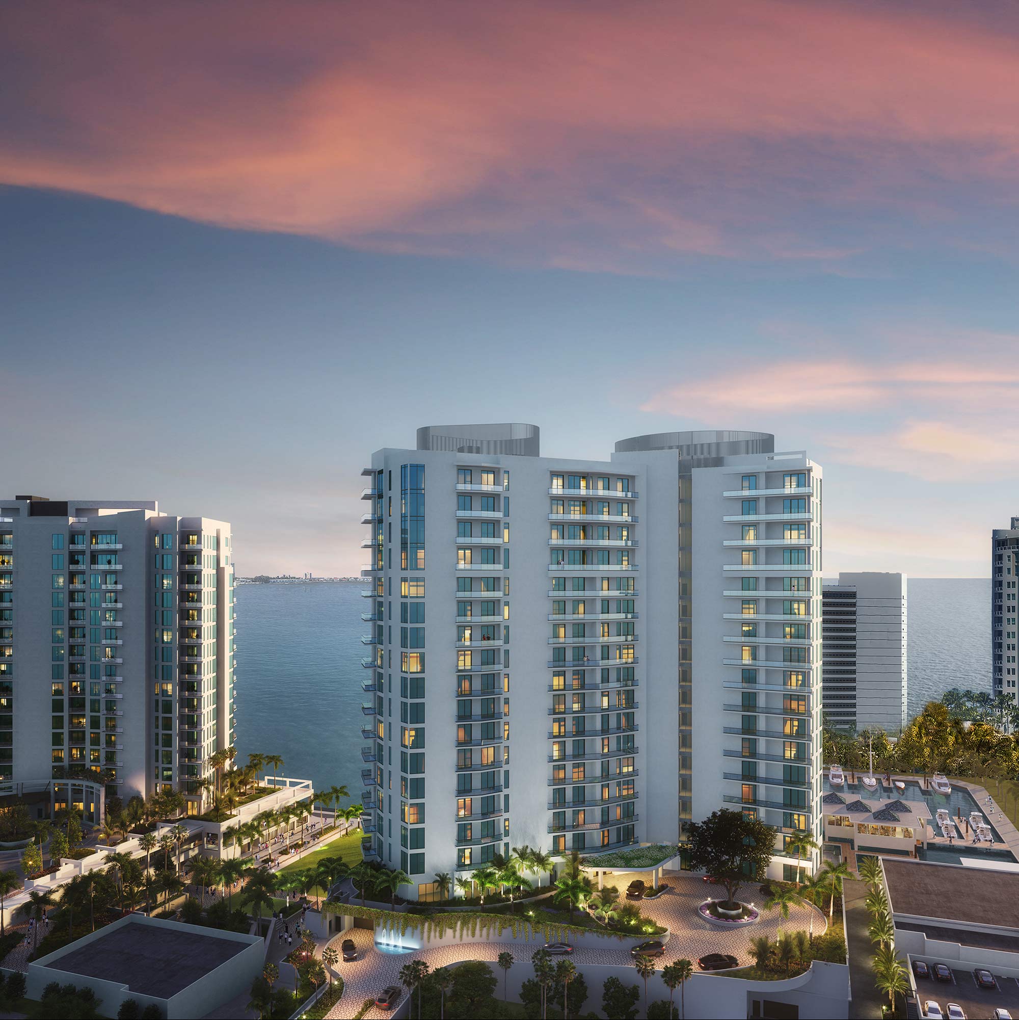 exterior rendering at sunset The Ritz-Carlton Residences Sarasota Bay