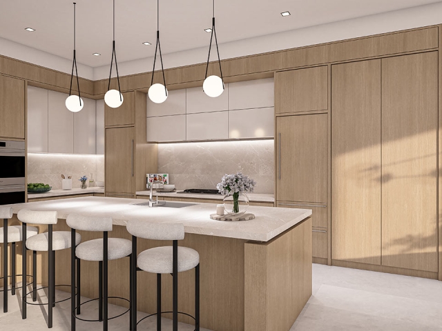 interior rendering of the kitchen at residence b at The Ritz-Carlton Residences Sarasota Bay