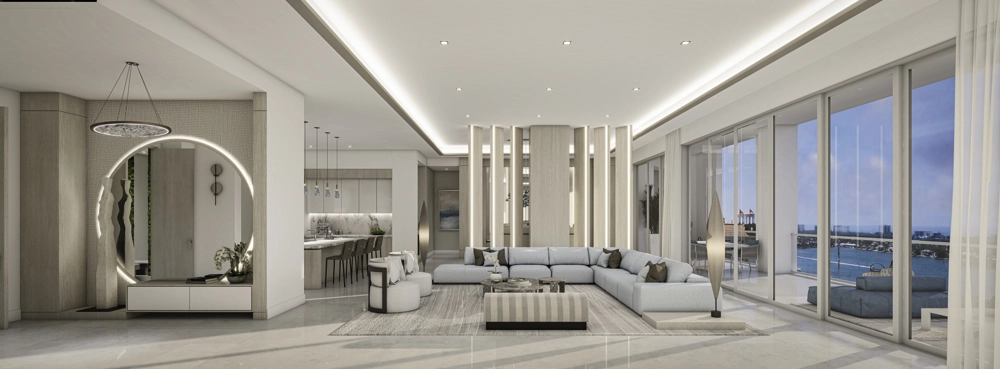 Spacious luxury penthouse living room with modern furnishings and expansive waterfront views.