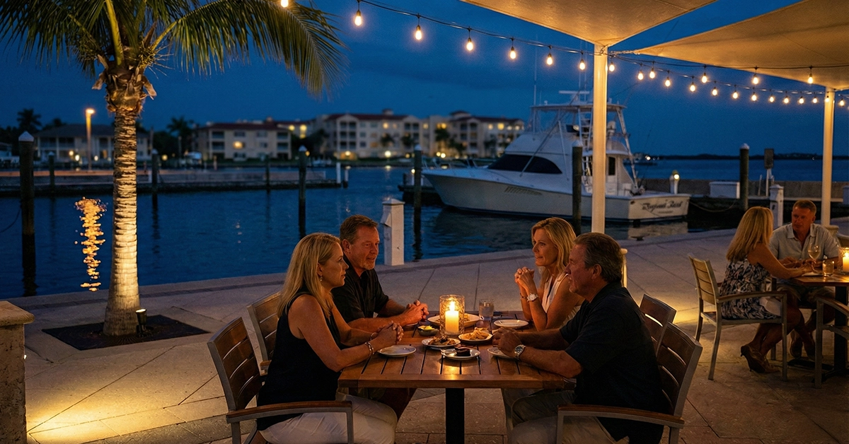 People dining outdoors by the water at night under string lights in Sarasota.
