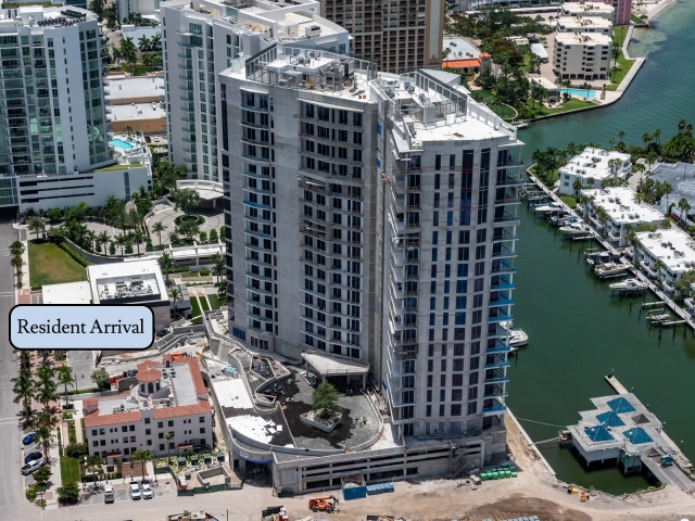 July 2026 Construction Aerial Aerial view of Ritz-Carlton Sarasota Bay tower construction beside the waterfront.