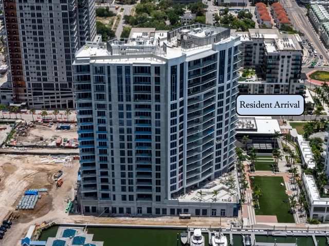 July 2026 Construction Aerial Aerial view of Ritz-Carlton Sarasota Bay tower construction beside the waterfront.