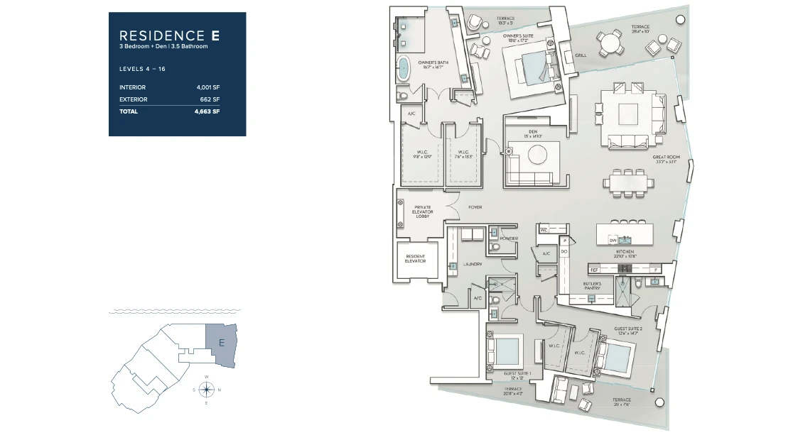 Floor plan of Residence E, a 3-bedroom plus den, 3.5-bathroom luxury condo spanning 4,001 SF interior and 662 SF exterior across levels 4–16.