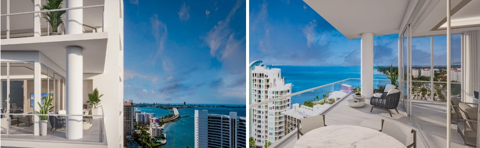 Luxury high-rise condominium balconies showcase stunning panoramic views of turquoise bay waters and Miami's skyline under vivid blue skies.