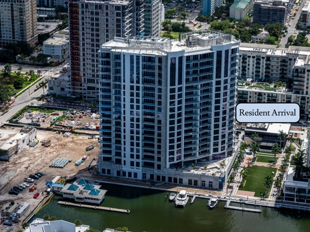 Aerial view of Ritz-Carlton Sarasota Bay tower construction beside the waterfront.