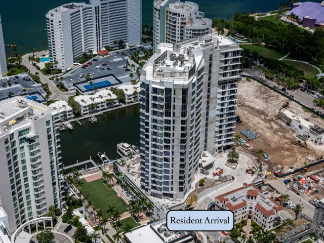 Aerial view of Ritz-Carlton Sarasota Bay tower construction beside the waterfront.