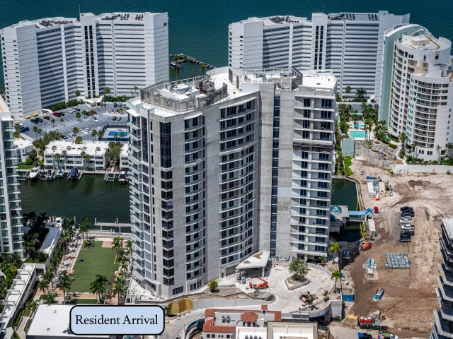 Aerial view of Ritz-Carlton Sarasota Bay tower construction beside the waterfront.