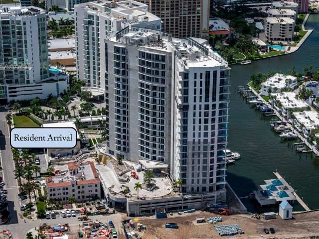 Aerial view of Ritz-Carlton Sarasota Bay tower construction beside the waterfront.