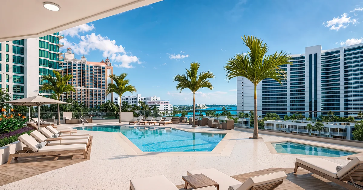 Rooftop pool and spa deck with lounge chairs, palm trees, and a view of Sarasota Bay and city buildings in the background.