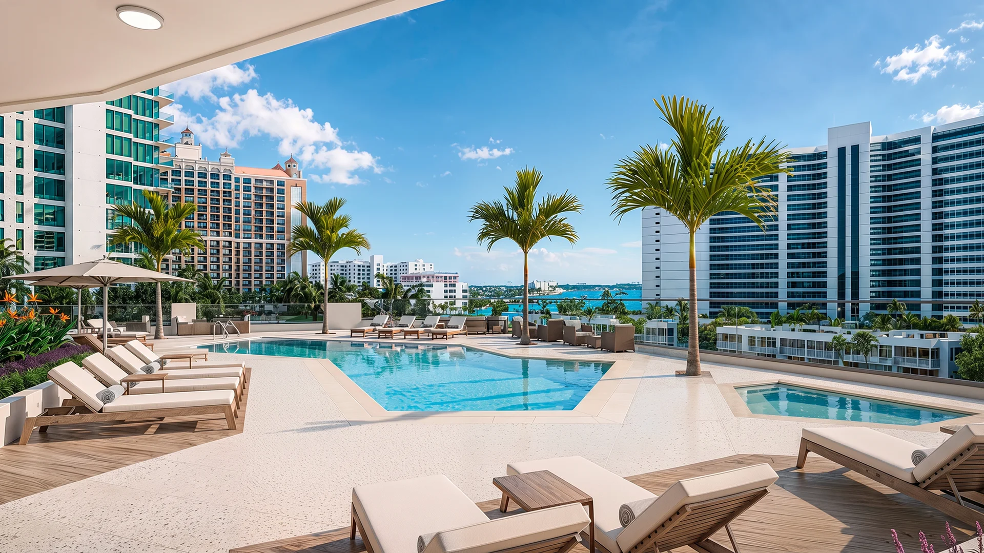 Rooftop pool and spa deck with lounge chairs, palm trees, and a view of Sarasota Bay and city buildings in the background.