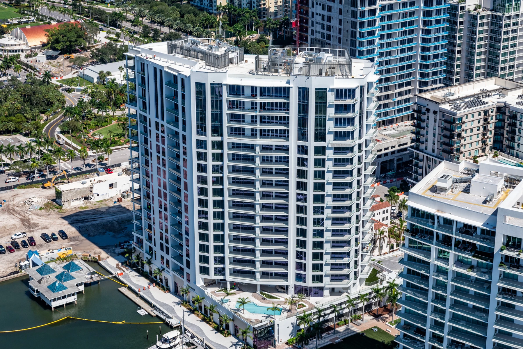 Aerial view of Ritz-Carlton Sarasota Bay tower construction beside the waterfront.